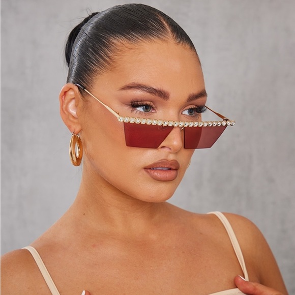 PrettyLittleThing Accessories - NWT PrettyLittleThing Gold Diamanté Top Slim Visor Sunglasses